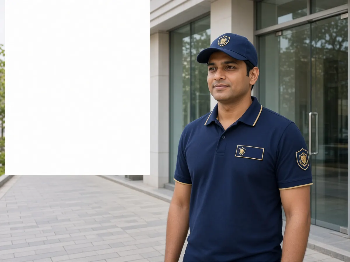 Vedant Shield guard in a navy and gold uniform at a hospital entrance